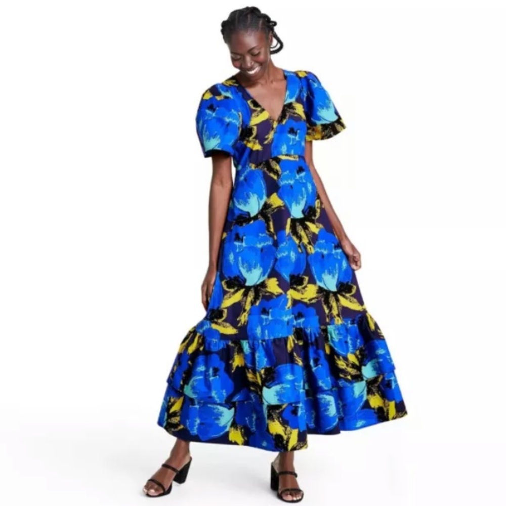Christopher John Rogers For Target Dress 0 Floral Puff Sleeve Tiered Blue